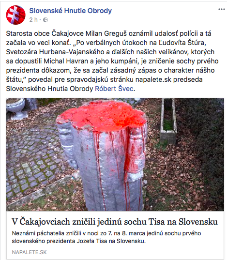 Snímka obrazovky 2018 03 10 o 8.38.36 Barbarstvo? Dekadencia? Socha prezidenta Tisa zničená!!!