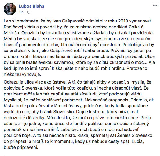 Snímka obrazovky 2018 03 20 o 14.46.45 Komunista zo Smeru Blaha: Kiska pácha vlastizradu a robí štátny prevrat. Je ako diktátor Pinochet