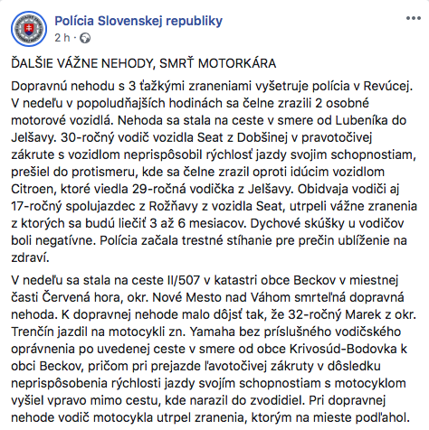 Snímka obrazovky 2019 07 15 o 13.31.33 Foto: Marek na Yamahe v zákrute zišiel z cesty a narazil do zvodidiel, zomrel na mieste